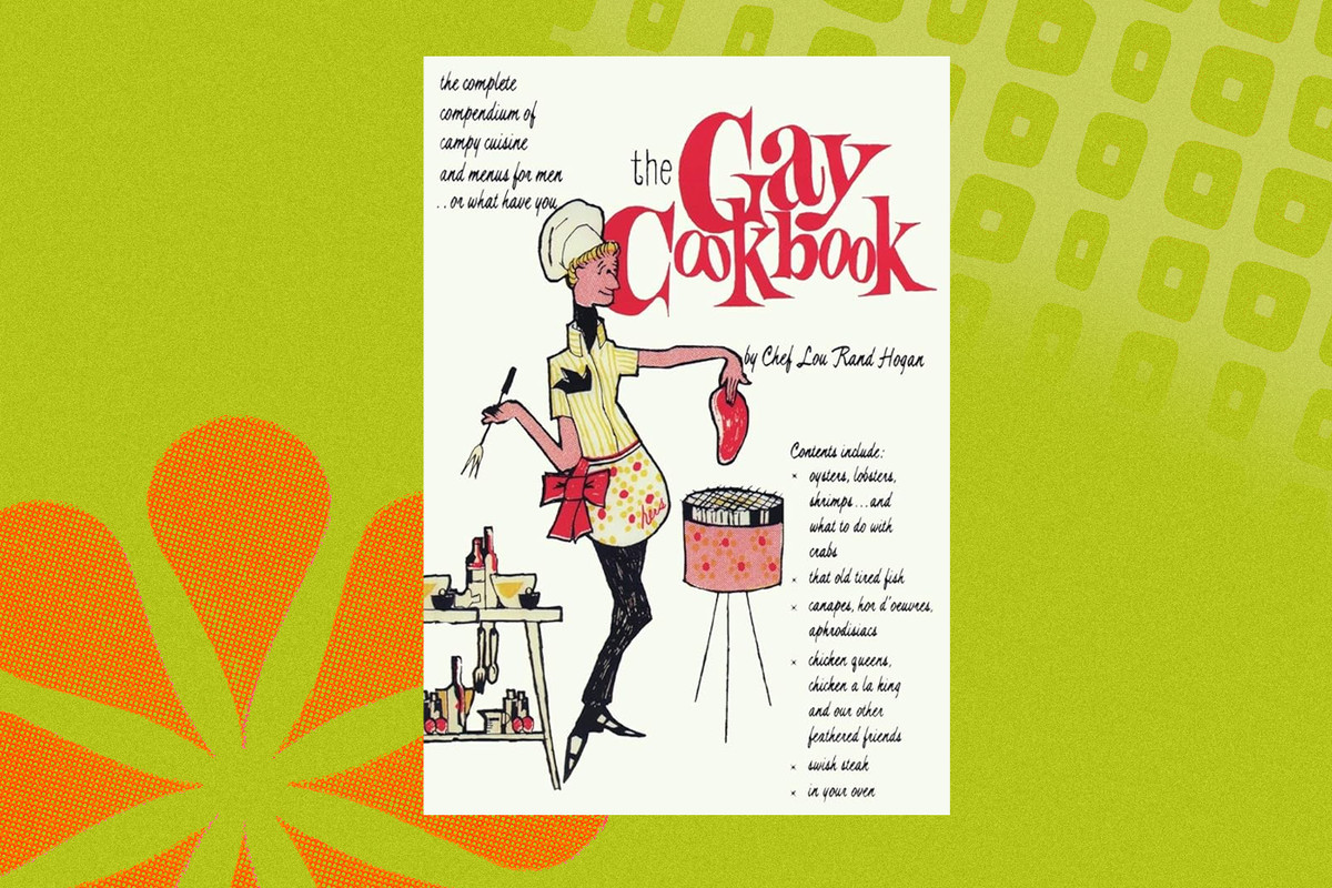 The cover of The Gay Cookbook, which features an illustration of a person in chef’s hat putting a piece of meat in a pot