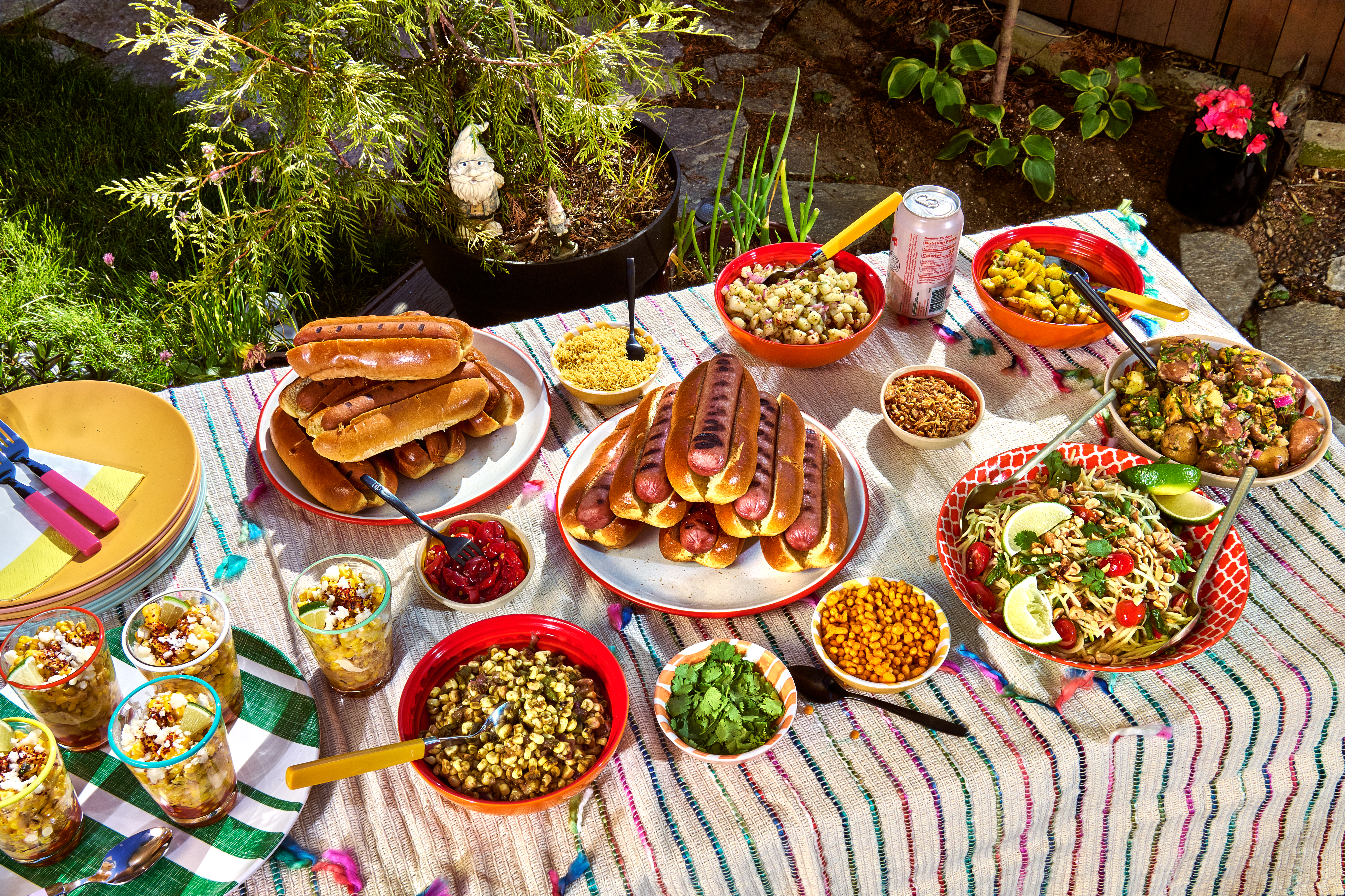 An outdoor picnic table set with piles of hot dogs in buns, side salads, bowls of chaat, glasses of esquites, plates, and drinks. 