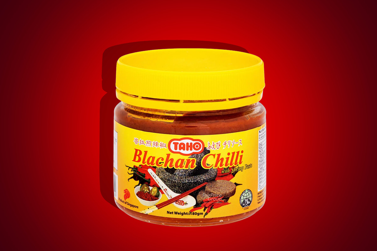 A jar of Tacho Blachan Chilli against a red backdrop. Photo collage.