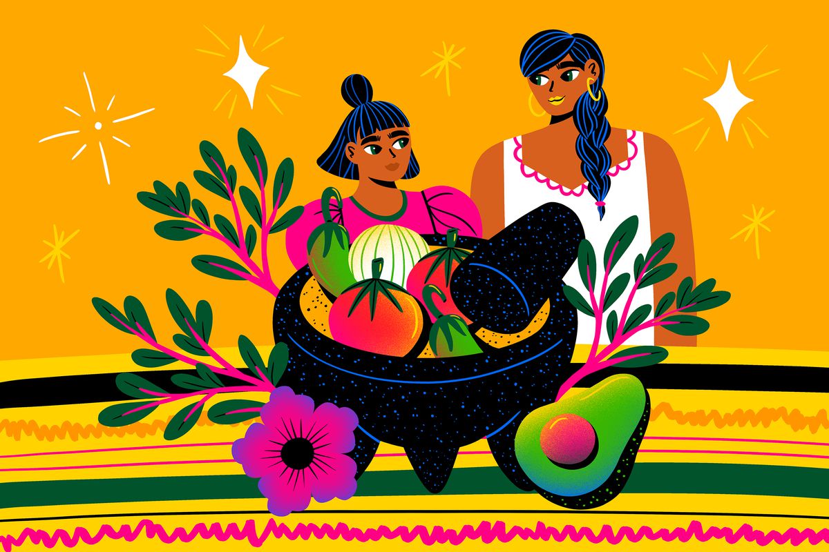 Illustration of two women looking at each other while in the foreground, a molcajete containing peppers, tomato, and onion sits. Purslane leaves surround the molcajete.