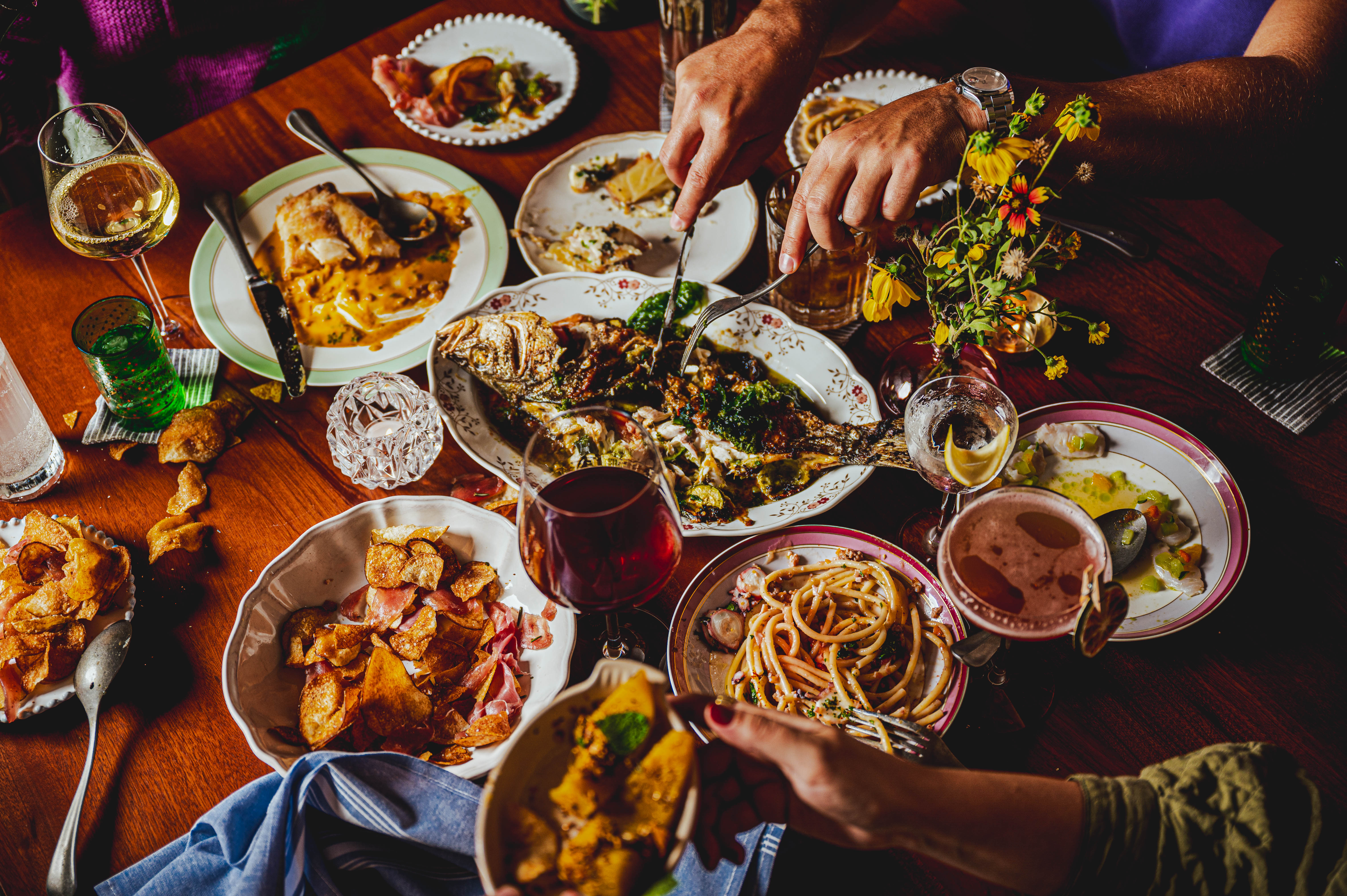 A full spread of pasta dishes, striped sea bass, and more at the Fancy.