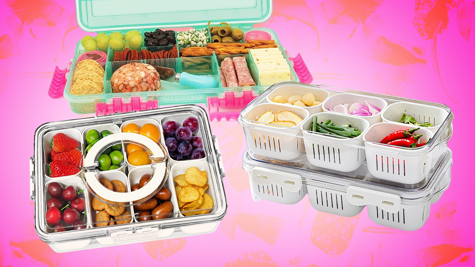 An array of snackle boxes, stocked with fresh fruit and vegetables, candy, cheese, and meats.