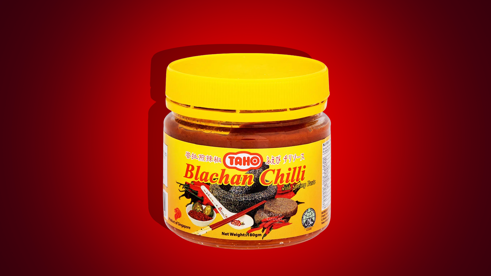A jar of Tacho Blachan Chilli against a red backdrop. Photo collage.
