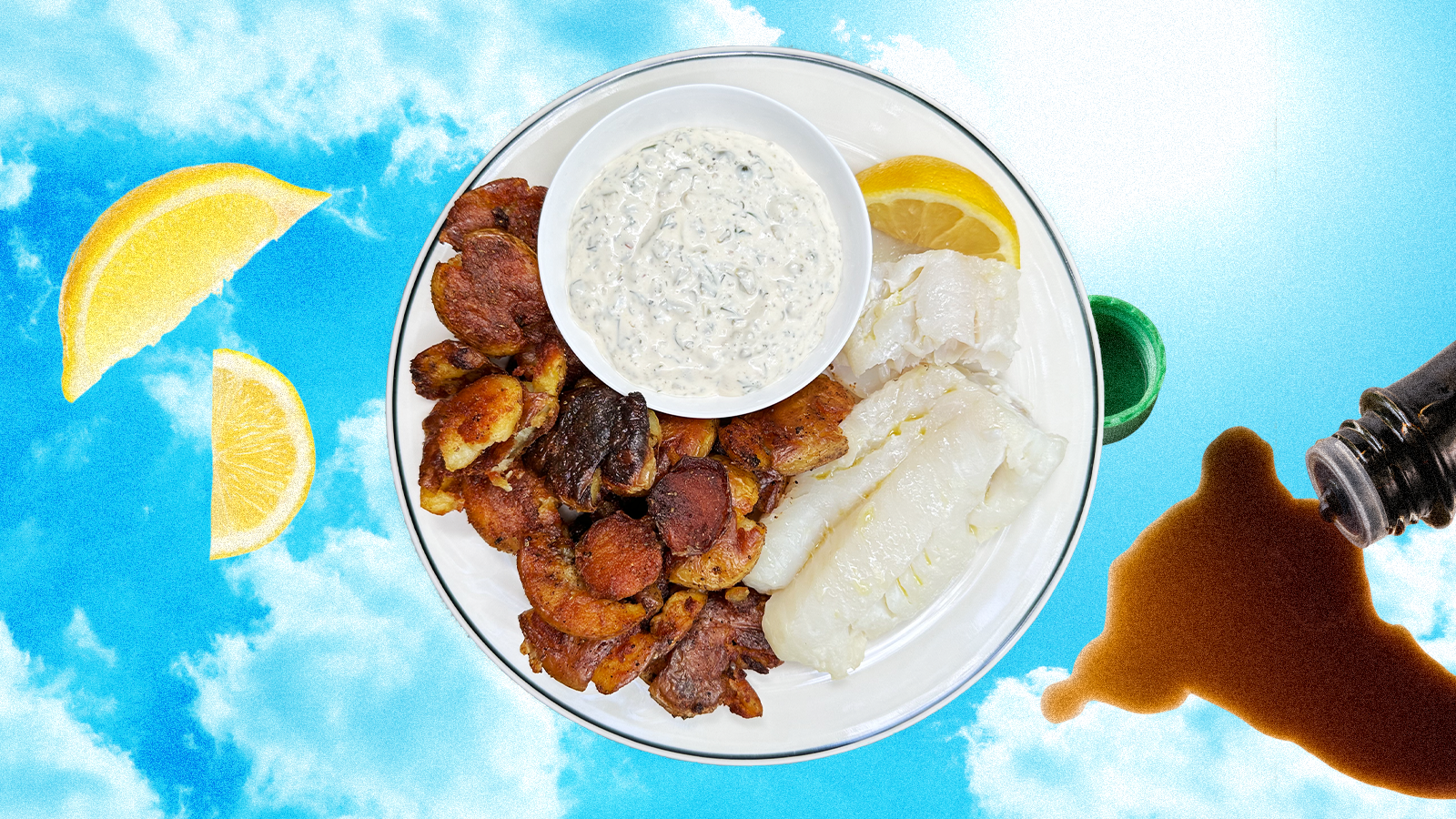 A plate of cod and fried potatoes and tartar sauce, garnished with a lemon on a cloudy sky backdrop