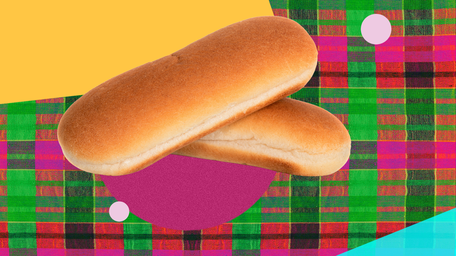 Hot dog buns superimposed over a colorful backdrop. Photo collage.