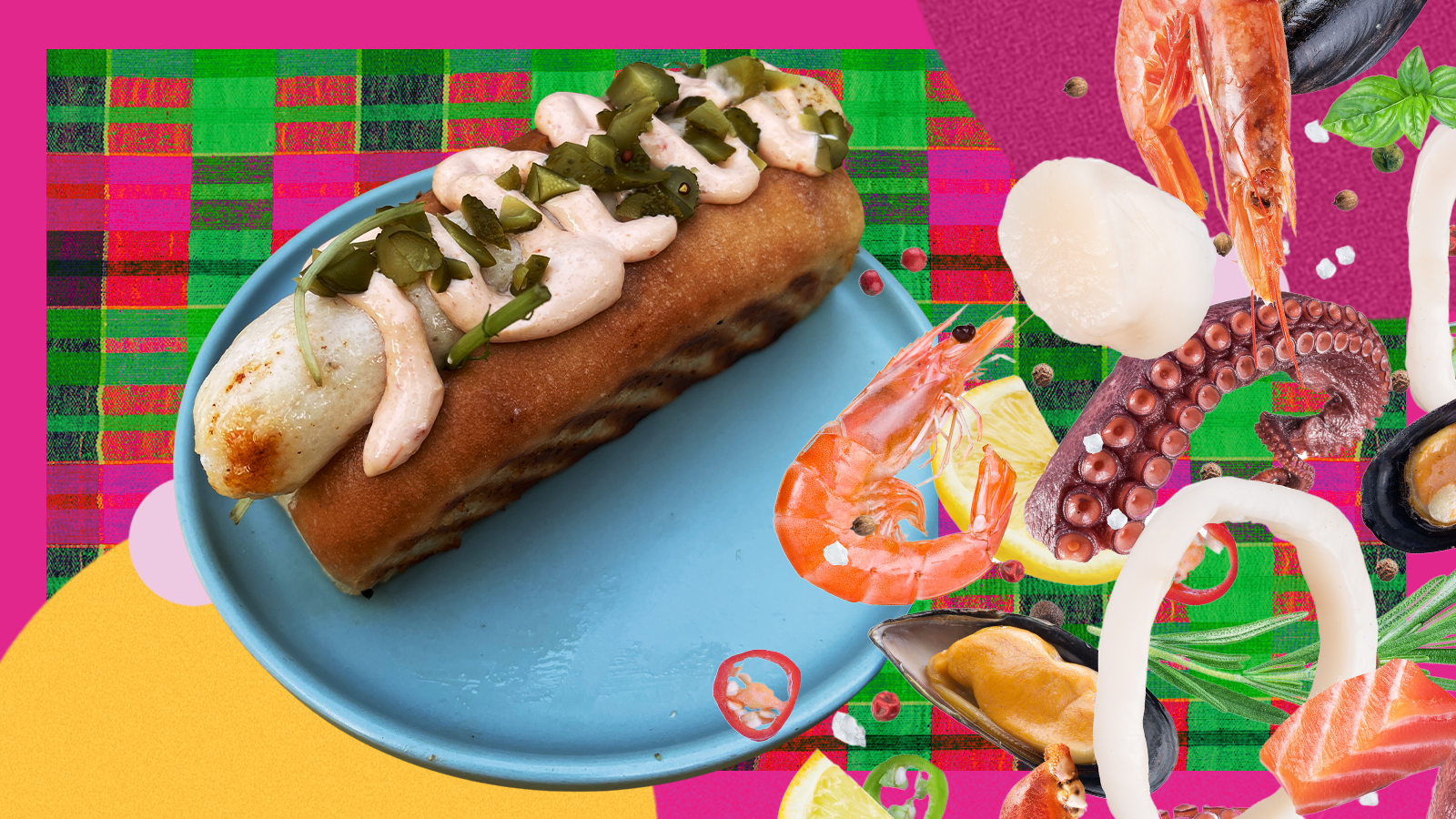 Photo collage of a seafood hot dog on a plate with photos of shrimp, octopus, and salmon alongside. 