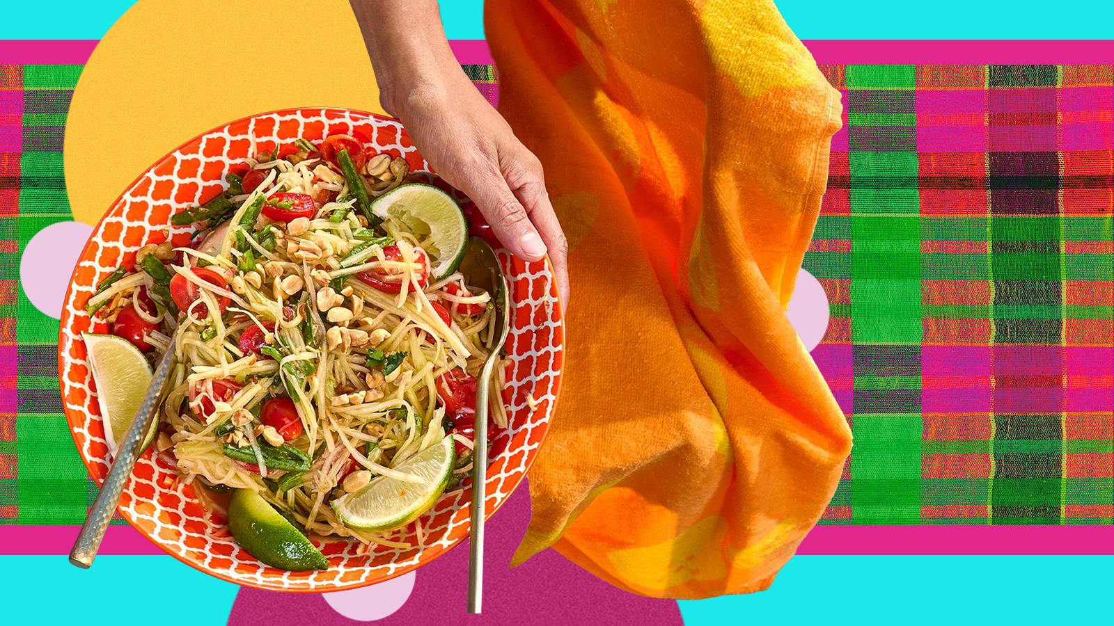 A bowl of papaya salad, collaged against a brightly colored backdrop.