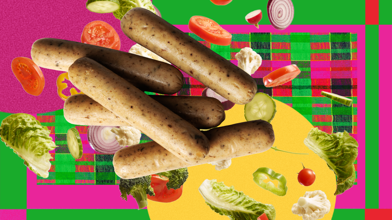 An array of veggie dogs, lettuce, and sliced tomatoes and cucumbers against a colorful backdrop. Photo collage.